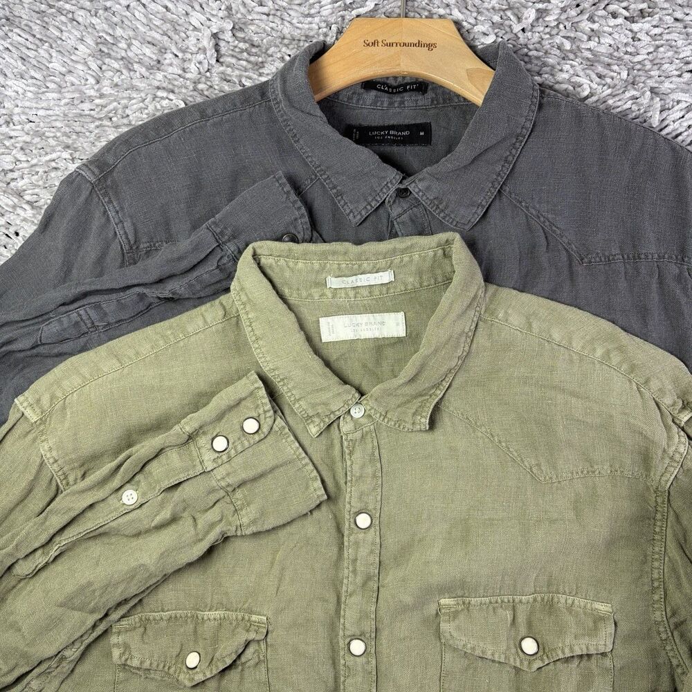 Lucky Brand Linen Pearl Snap Shirt Lot Of Two Mens Medium Classic Fit Pockets